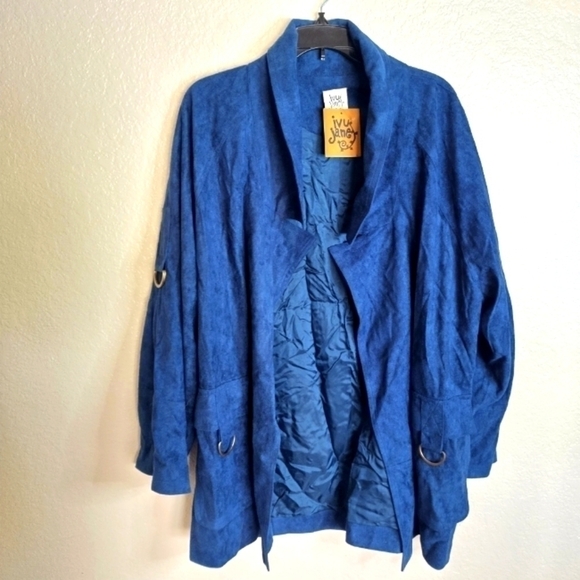 NWT ivy jane suede lapel pocket blue open jacket sz L - Picture 1 of 7